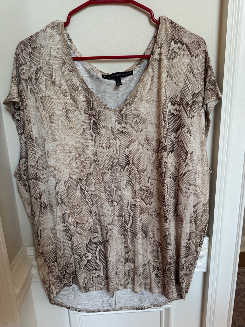 White House Black Market Neutral Snake-Print V-Neck Short Sleeve Top